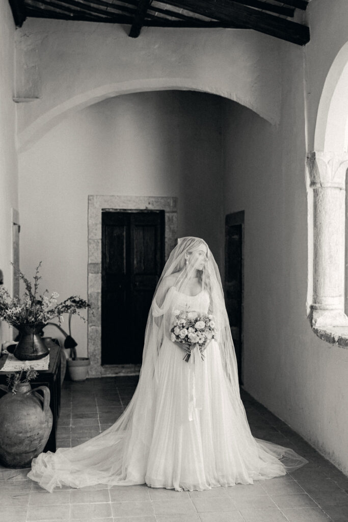Black and white portrait of bride, Abbazia San Pietro in Valle wedding, image taken by Kelley Williams a wedding photographer in Umbria Italy
