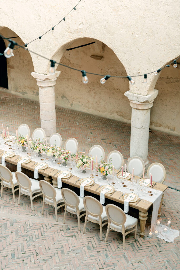 Overhead shot of the reception table, Abbazia San Pietro in Valle wedding, image taken by Kelley Williams a wedding photographer in Umbria Italy