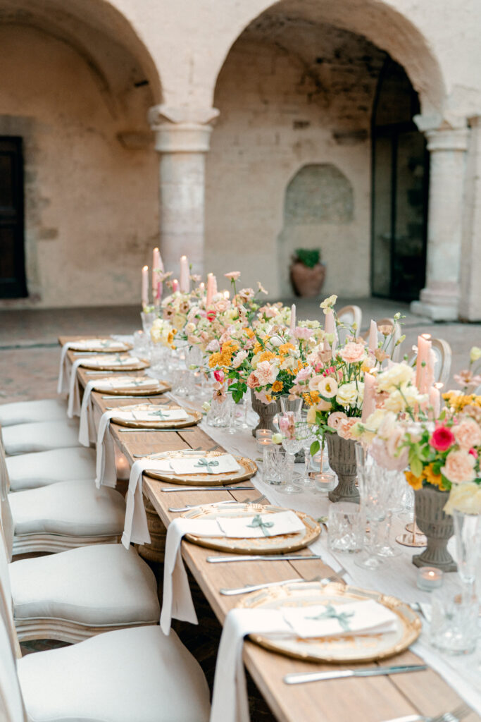 Another angle of the wedding reception table, Abbazia San Pietro in Valle wedding, image taken by Kelley Williams a wedding photographer in Umbria Italy